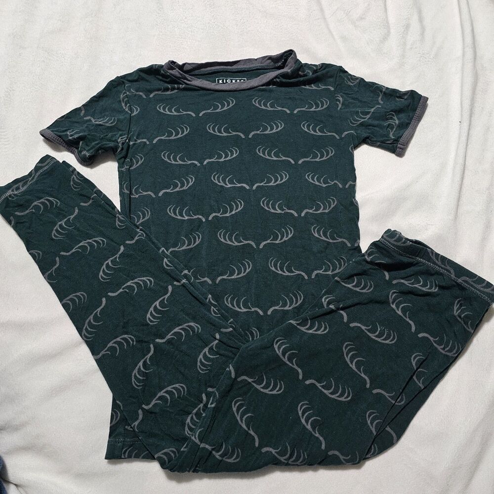 Kickee Kid Size 10 Green Deer Antler Matching Set Pajama PJ Pants S/S Shirt